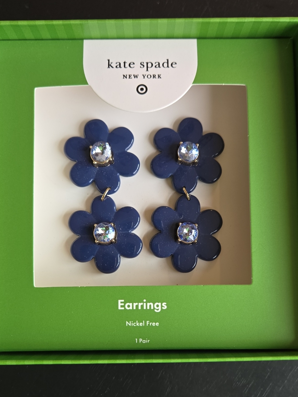 kate spade navy double flower drop earrings with crystal centers